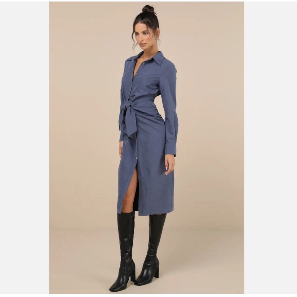 NWT Lulus Autumnal Views Dark Blue Suede Button-Up Tie-Front Midi Dress Women XL - Picture 2 of 16